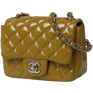 Chanel Mini Matelasse Single Flap Chain Shoulder Bag Patent Leather Beige